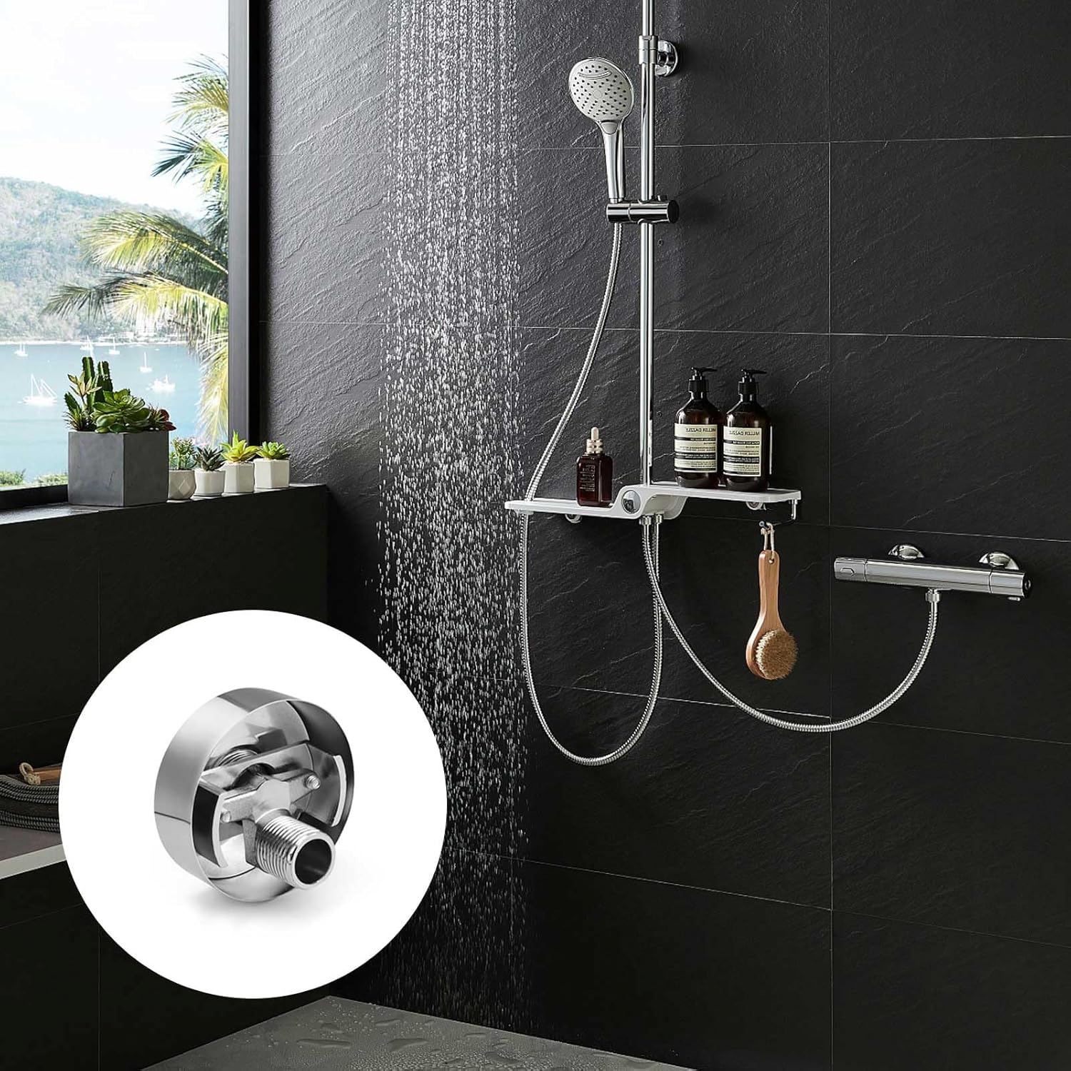 Deankeji 2-piece adjustable eccentric screw corner faucet set with decorative covers, brass shower arm, and hose connector.