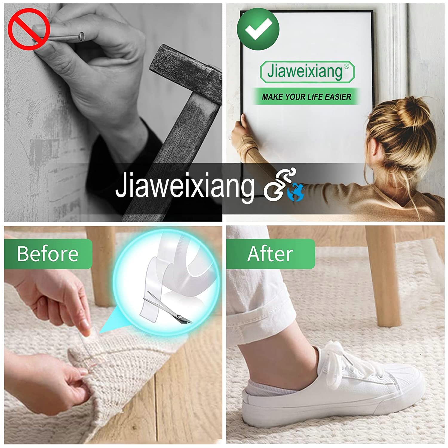 Jiaweixiang Heavy Duty Double Sided Tape | Strong Clear Mounting Strips | Reusable & Removable Wall Tape for Pictures, Posters, Hooks | 0.07" Thick Upgrade | Brand New in Barn