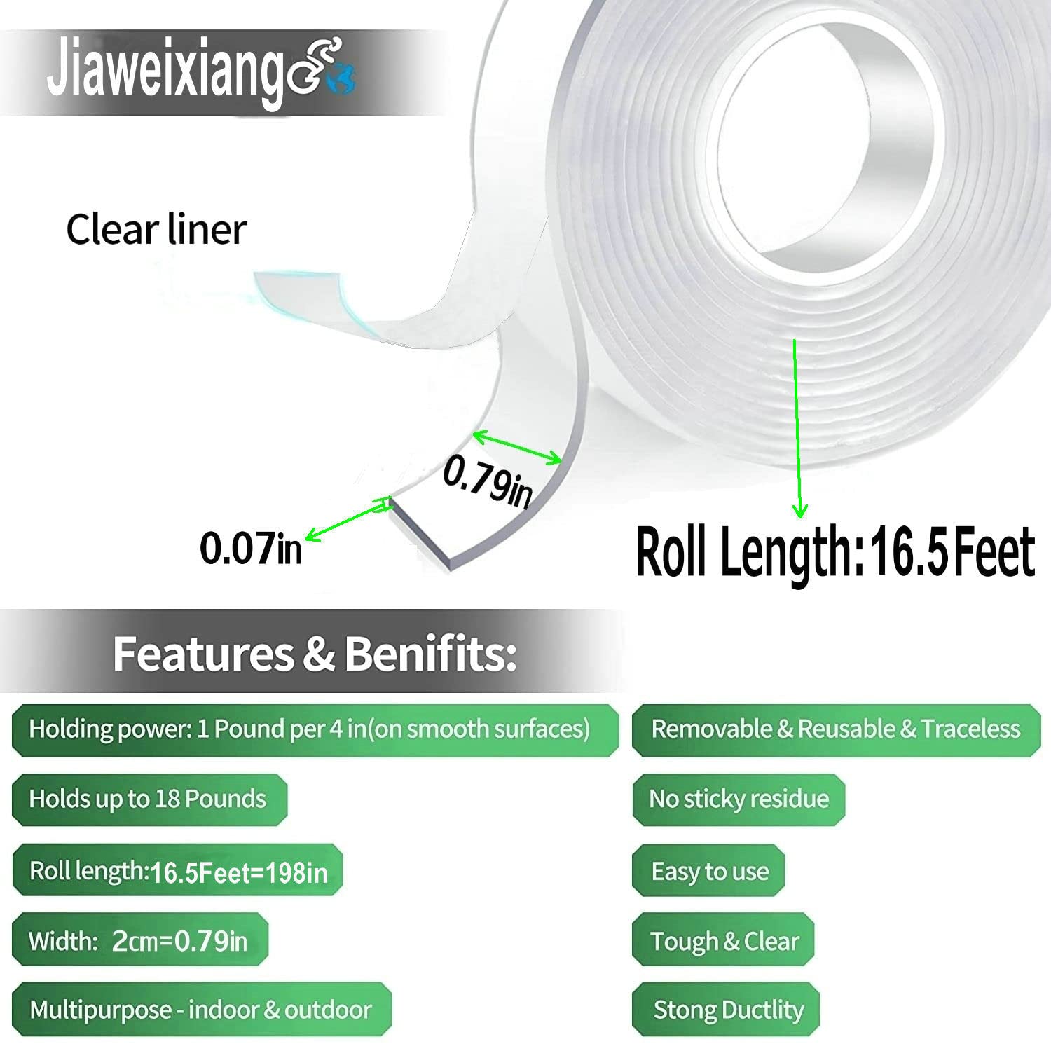 Jiaweixiang Heavy Duty Double Sided Tape | Strong Clear Mounting Strips | Reusable & Removable Wall Tape for Pictures, Posters, Hooks | 0.07" Thick Upgrade | Brand New in Barn