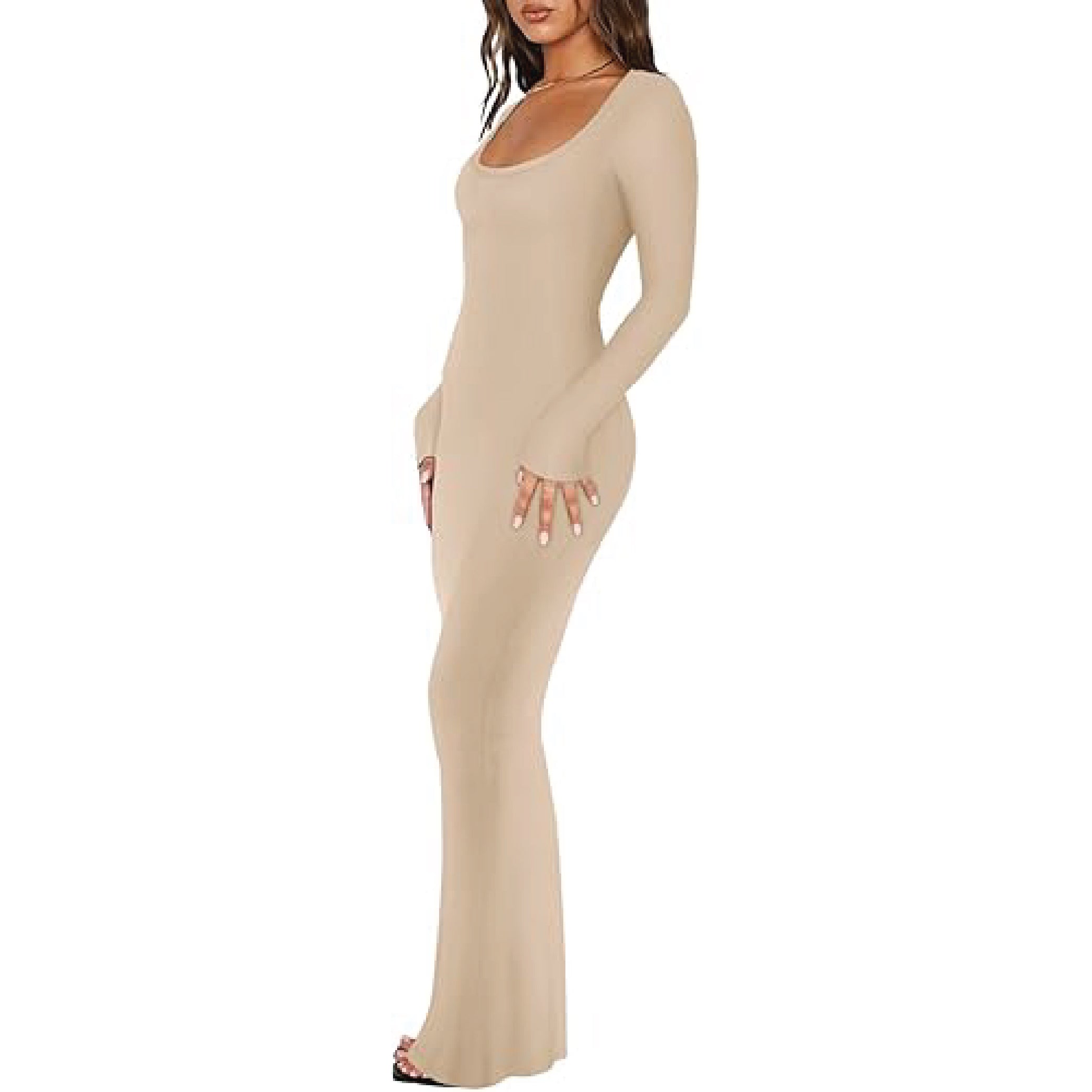 REORIA low square neck maxi dress with long sleeves, slimming flare hem, perfect for wedding guests and formal occasions.