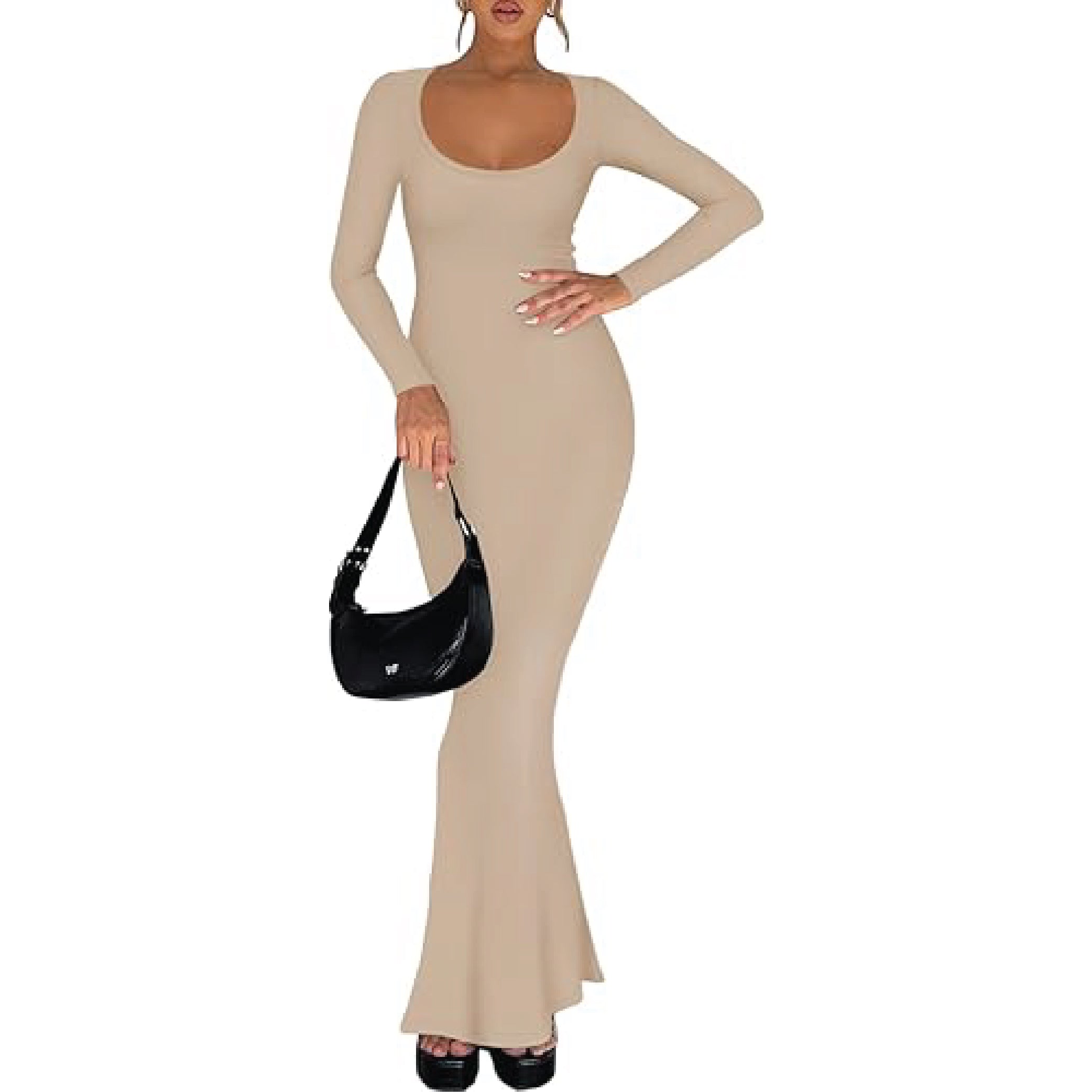 REORIA low square neck maxi dress with long sleeves, slimming flare hem, perfect for wedding guests and formal occasions