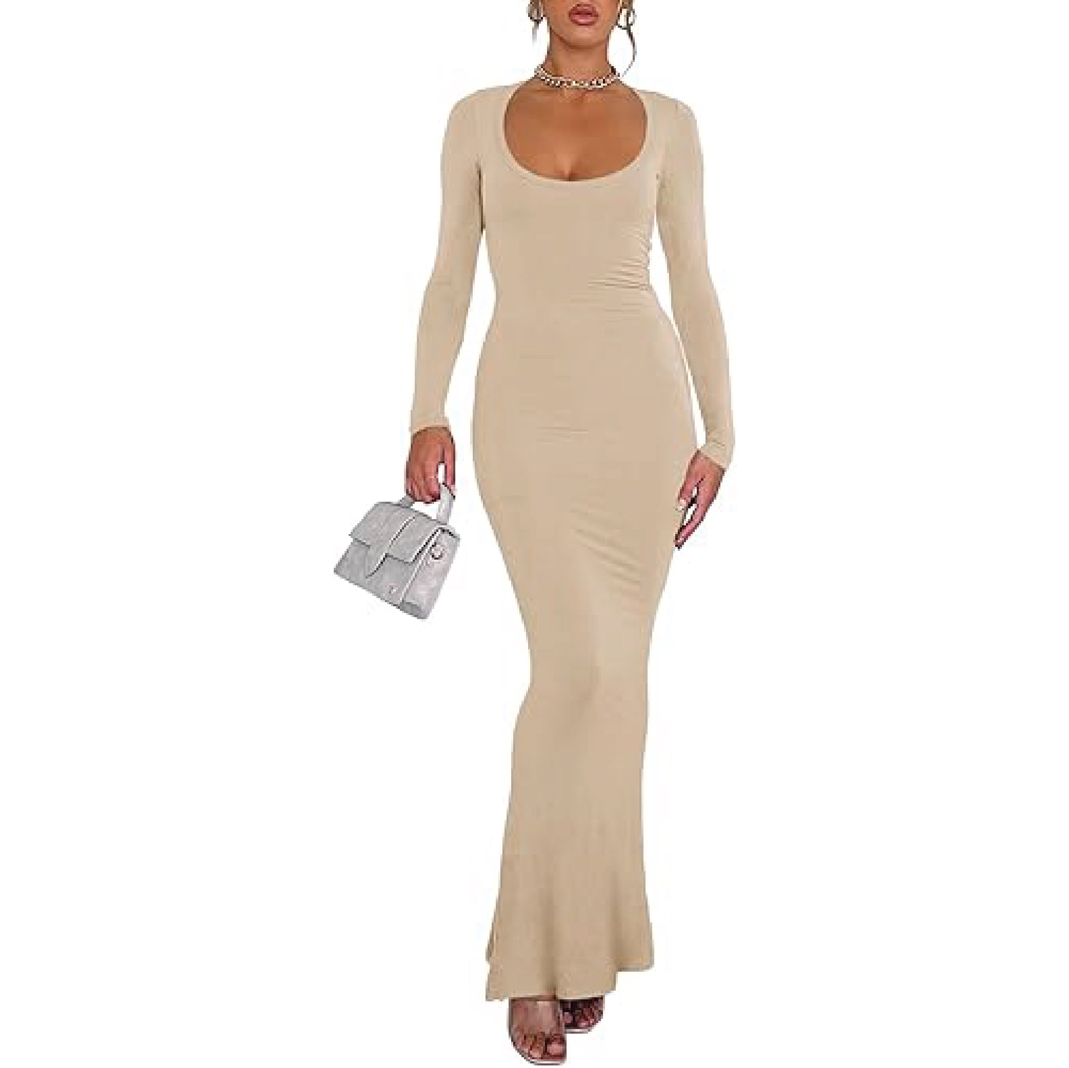 REORIA low square neck maxi dress with long sleeves, slimming flare hem, worn as wedding guest or formal wear, in a cozy, elegant style.