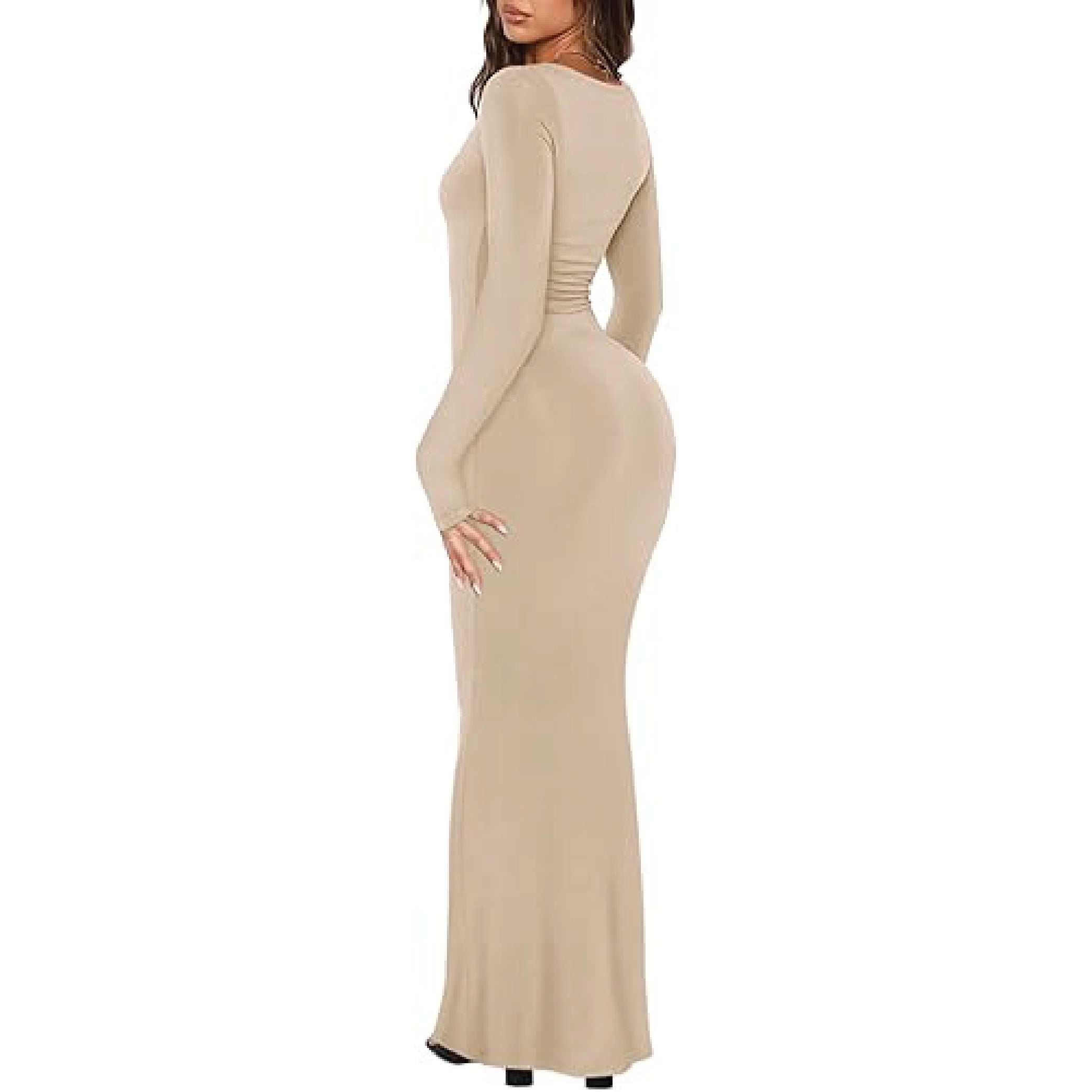 REORIA low square neck maxi dress with long sleeves, slimming flare hem, perfect for wedding guests and formal wear.