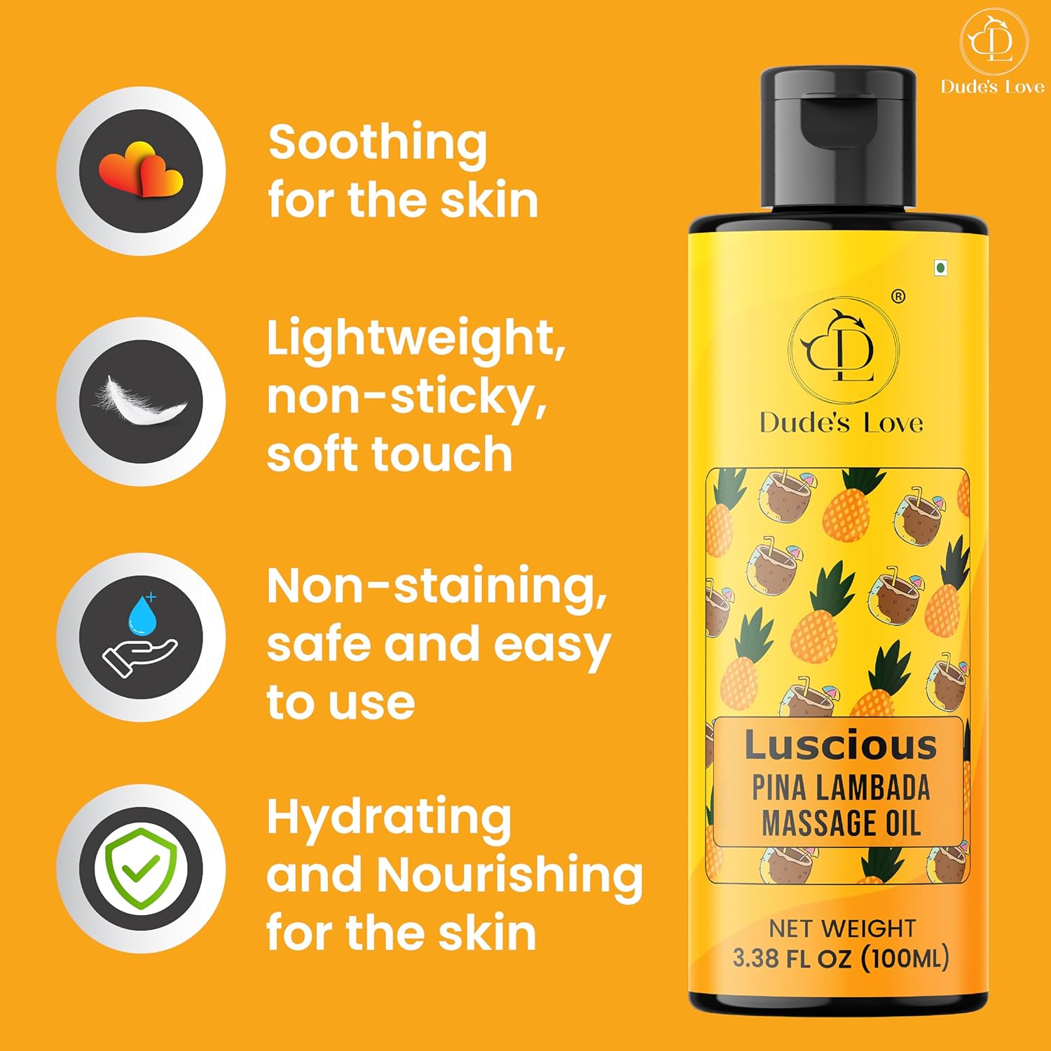 Dude's Love Pina Lambada Massage Oil 100ml with natural tropical aroma, vegan and cruelty-free, shown in a sleek bottle.