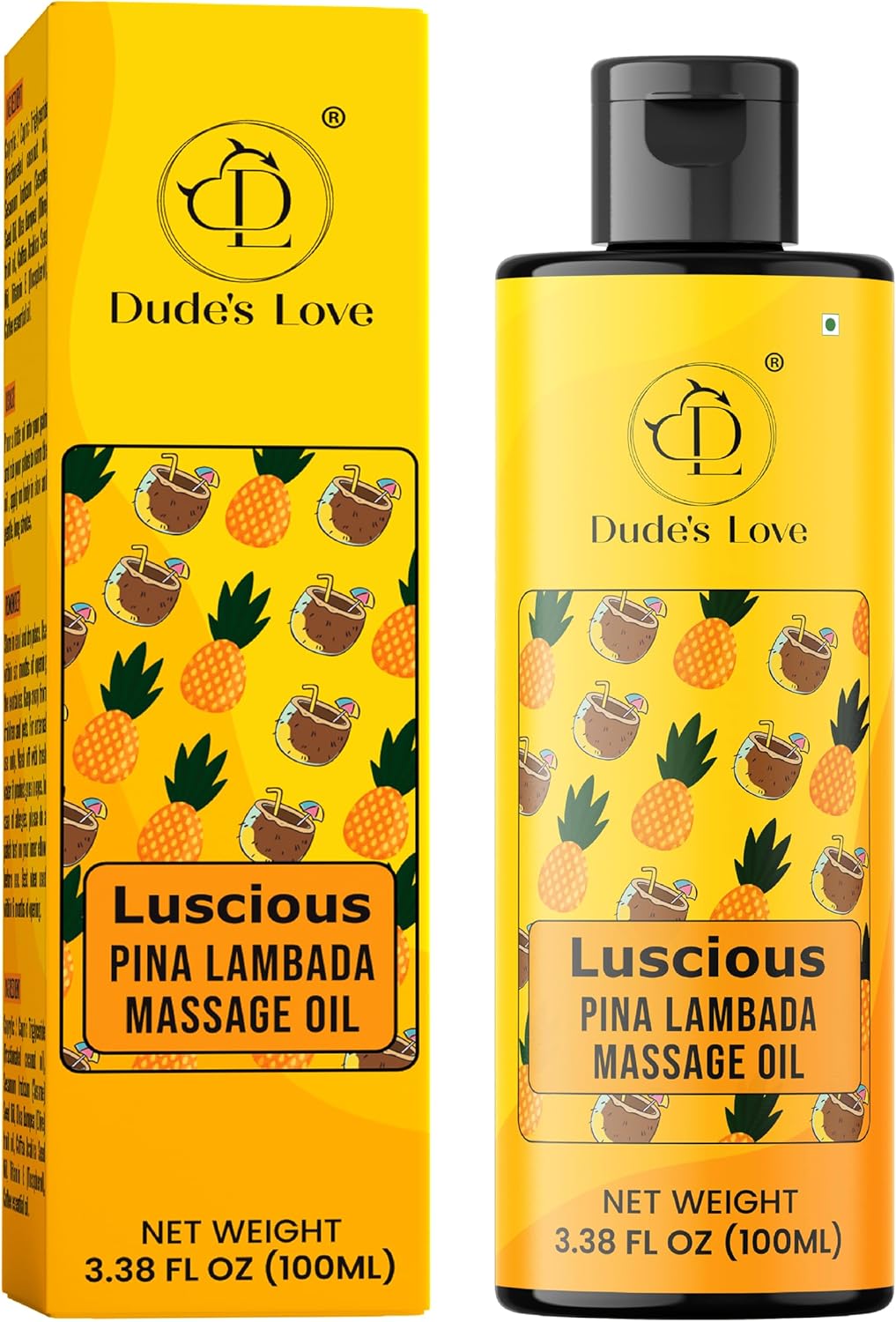 Dude's Love Pina Lambada Massage Oil 100ml with tropical aroma, vegan, cruelty-free, natural ingredients, in a clear bottle.