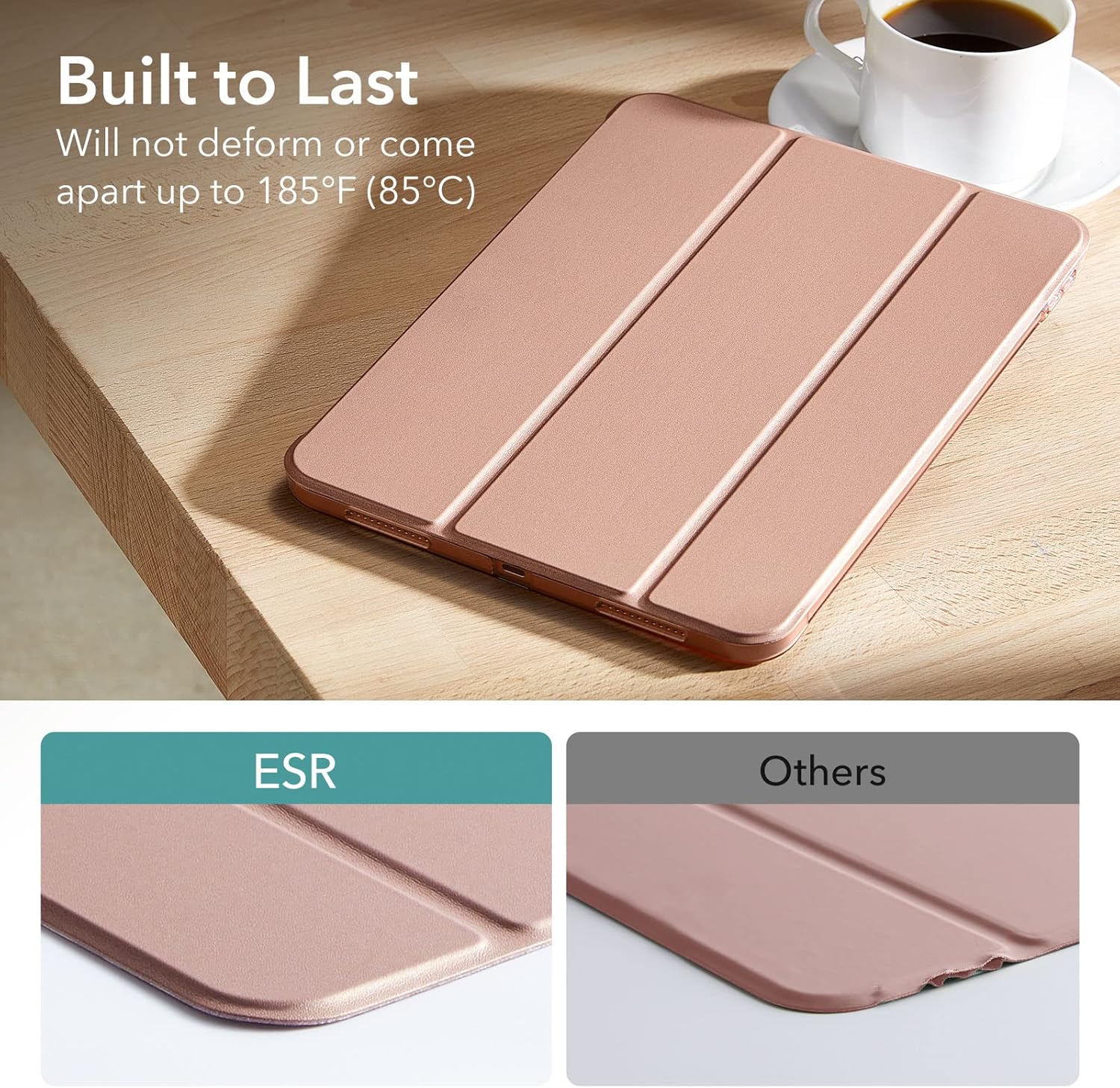 Rose gold ESR iPad case with 360° protection, trifold stand, auto sleep/wake, and built-in pencil holder for iPad 10.9-inch.