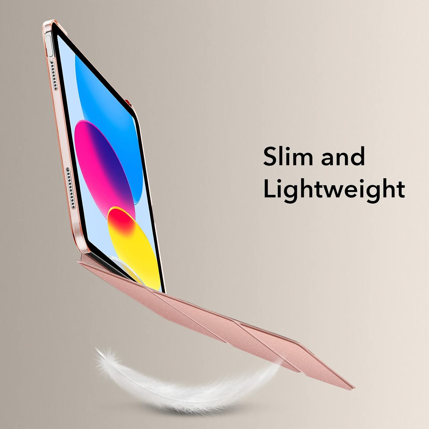 Rose gold ESR iPad case with 360° protection, 2-way stand, auto sleep/wake, trifold cover, and built-in pencil holder for iPad 10.9-inch.