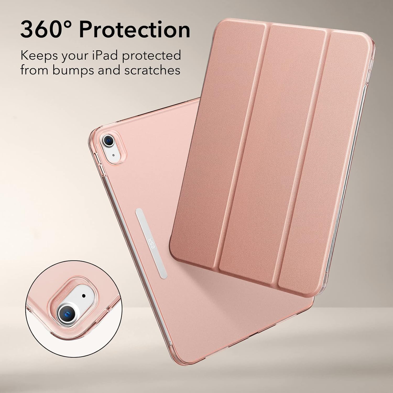 Rose gold ESR iPad case with 360° protection, 2-way stand, auto sleep/wake, trifold cover, and built-in pencil holder for iPad 10.9-inch.