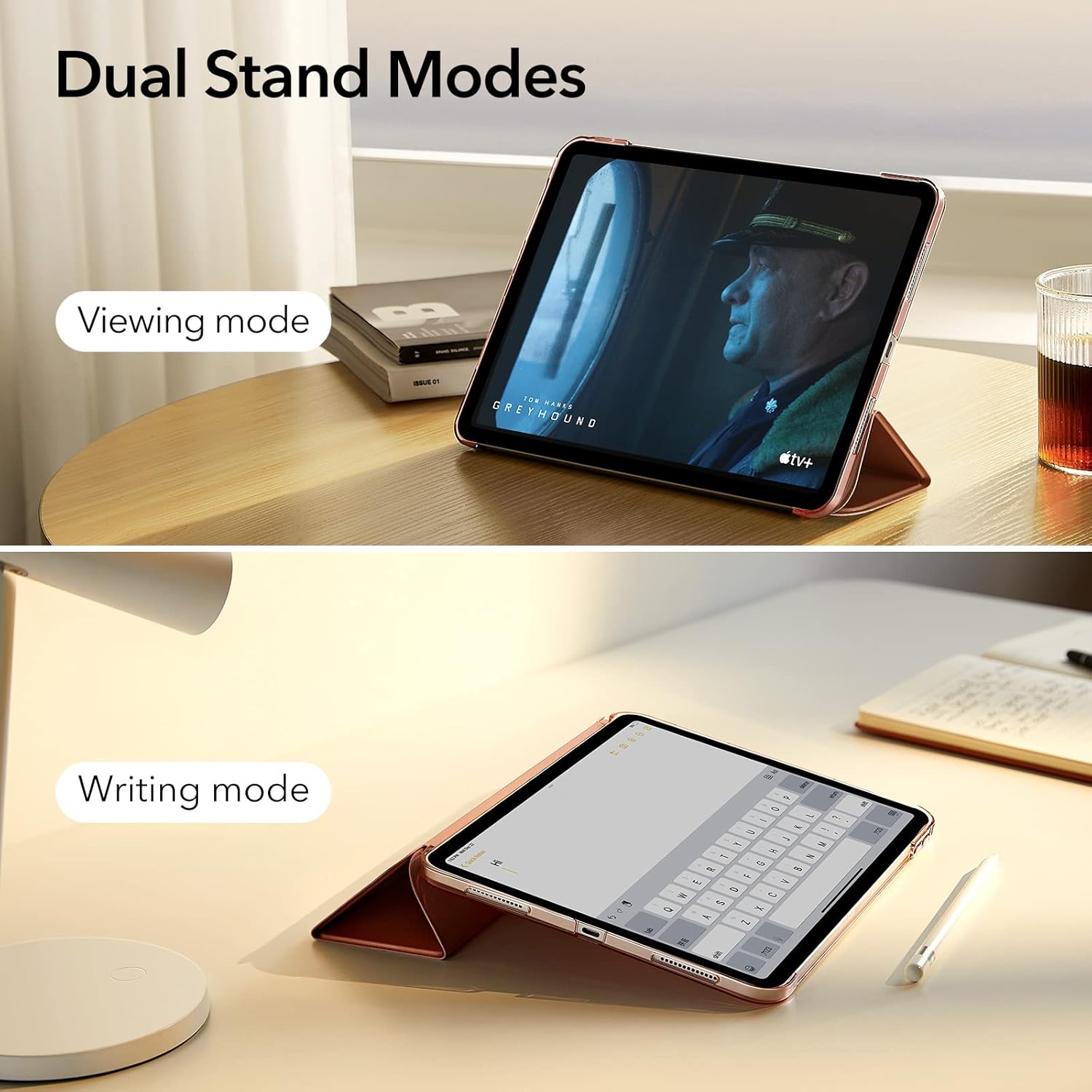 Rose gold ESR iPad case with 360° protection, 2-way stand, auto sleep/wake, trifold cover, and built-in pencil holder for iPad 10.9-inch.
