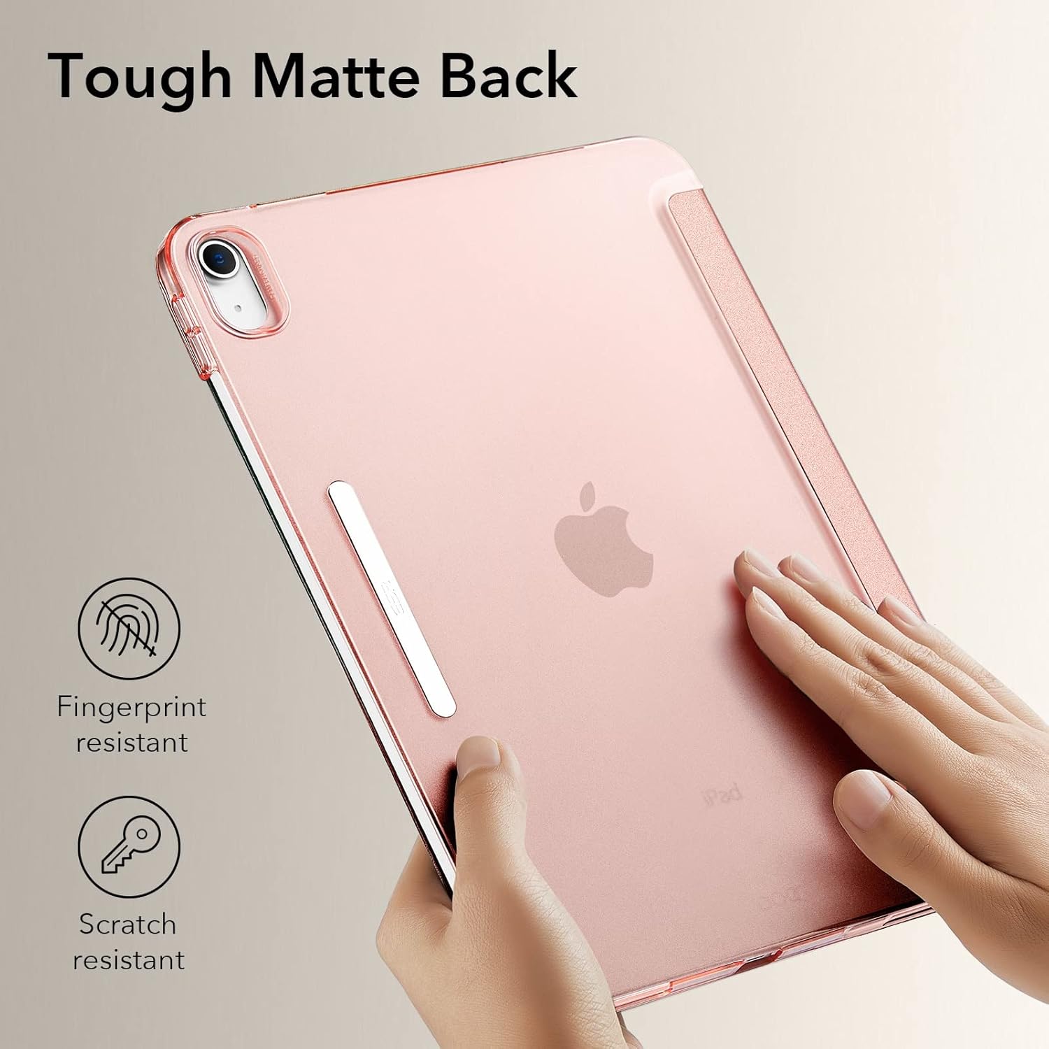 Rose gold ESR iPad case with 360° protection, trifold stand, auto sleep/wake, and built-in pencil holder for iPad 10.9-inch.