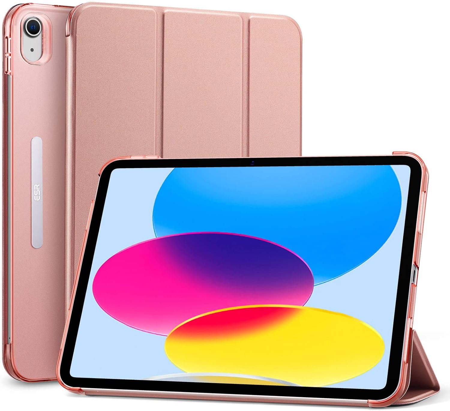 Rose gold ESR iPad case with trifold cover, pencil holder, 360° protection, auto sleep/wake, and 11th/10th generation iPad compatibility.