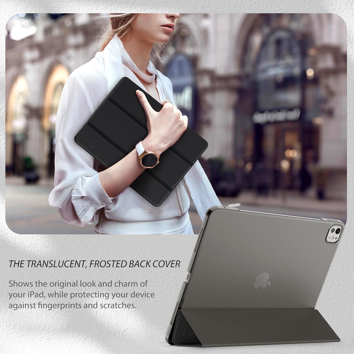 EasyAcc ultra slim translucent black iPad Pro 13-inch case with matte finish and built-in stand for models 2024 and 2025.