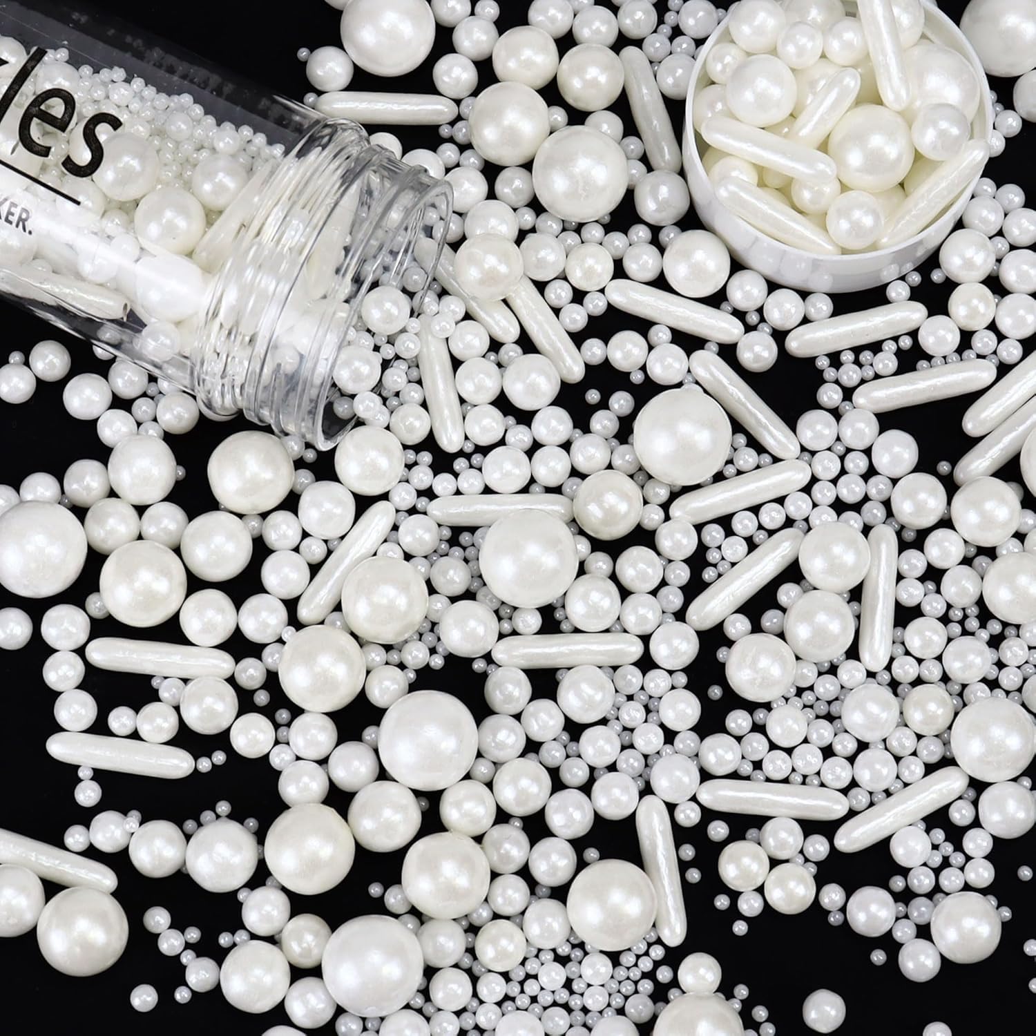 White edible pearl sprinkles from ZaoKing, perfect for decorating cakes, cupcakes, cookies, and desserts for special occasions.