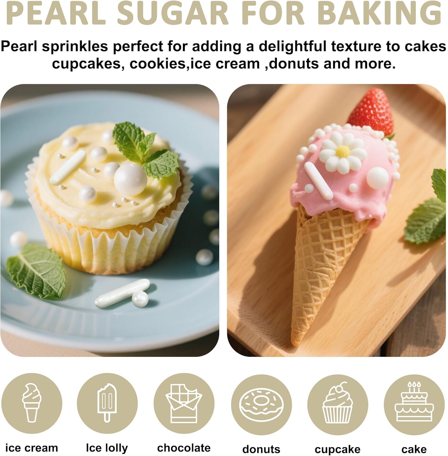 White edible pearl sprinkles from ZaoKing, perfect for cake, cupcake, and cookie decoration in baking and dessert decor.
