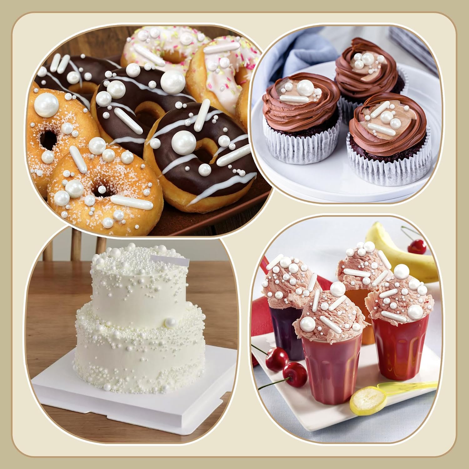 White edible pearl sprinkles by ZaoKing, 130g, for cake and cupcake decoration, perfect for baking, birthdays, and holiday desserts.