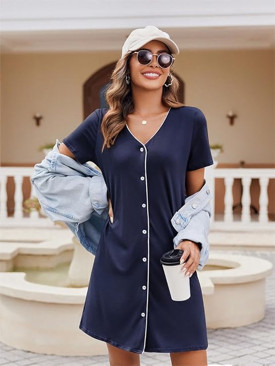 Ekouaer 2 Pack Women's Nightgowns | Soft V-Neck Nightdress with Buttons | Short Sleeve Sleepwear | Size XL | Brand New Collection!