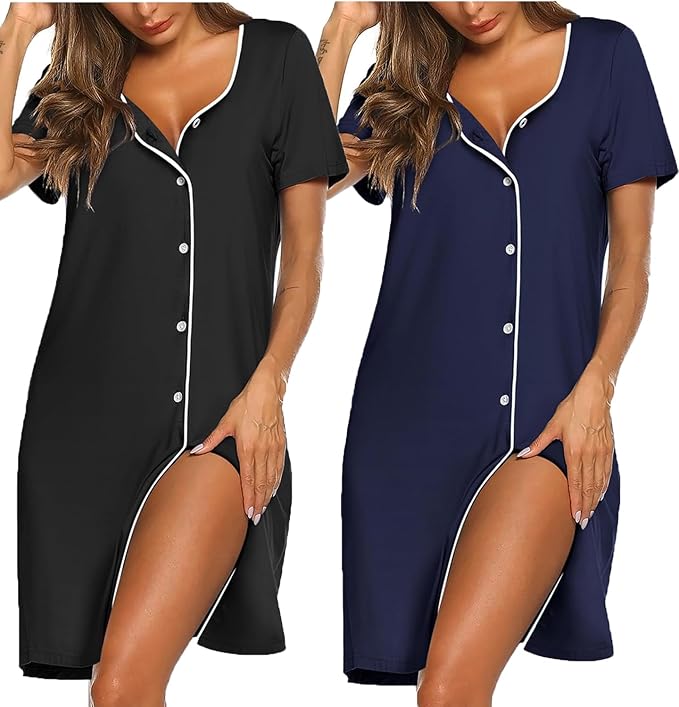 Ekouaer 2 Pack Women's Nightgowns | Soft V-Neck Nightdress with Buttons | Short Sleeve Sleepwear | Size XL | Brand New Collection!
