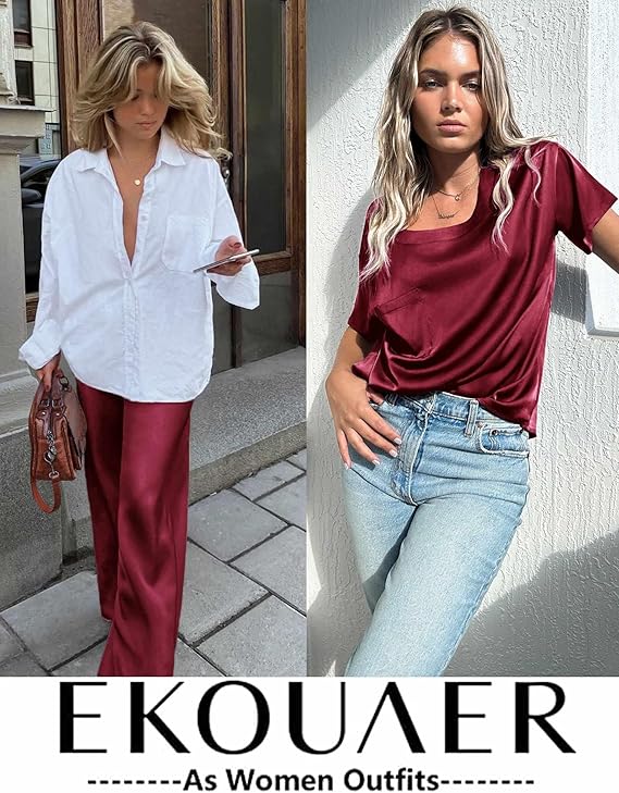 Ekouaer Women's Satin Pajama Set | Silky Short Sleeve Shirt &amp; Long Pants | Soft PJ Loungewear Set | Size XL