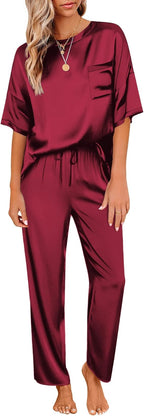Ekouaer Women's Satin Pajama Set | Silky Short Sleeve Shirt &amp; Long Pants | Soft PJ Loungewear Set | Size XL