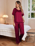 Ekouaer Women's Satin Pajama Set | Silky Short Sleeve Shirt &amp; Long Pants | Soft PJ Loungewear Set | Size XL