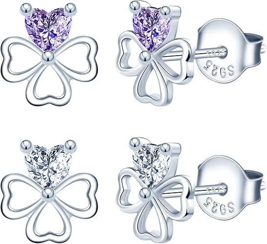 Two pairs of Infinionly elegant four-leaf clover stud earrings in sterling silver with cubic zirconia, perfect for women and girls.