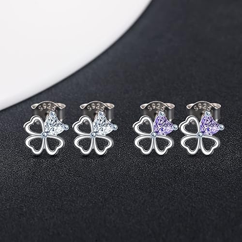 Two pairs of Infinionly four-leaf clover stud earrings in 925 sterling silver with cubic zirconia, hypoallergenic and sparkling for women and girls.
