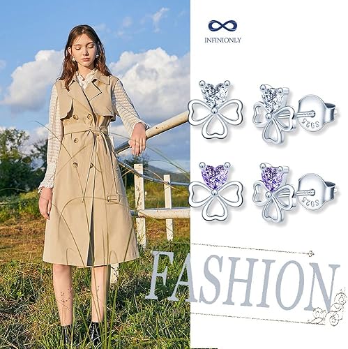 Two pairs of Infinionly four-leaf clover stud earrings in 925 sterling silver with cubic zirconia, delicate and sparkling for women and girls.