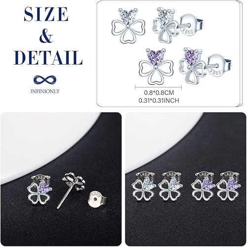 Two pairs of Infinionly elegant four-leaf clover stud earrings in sterling silver with cubic zirconia, hypoallergenic jewelry for women and girls.