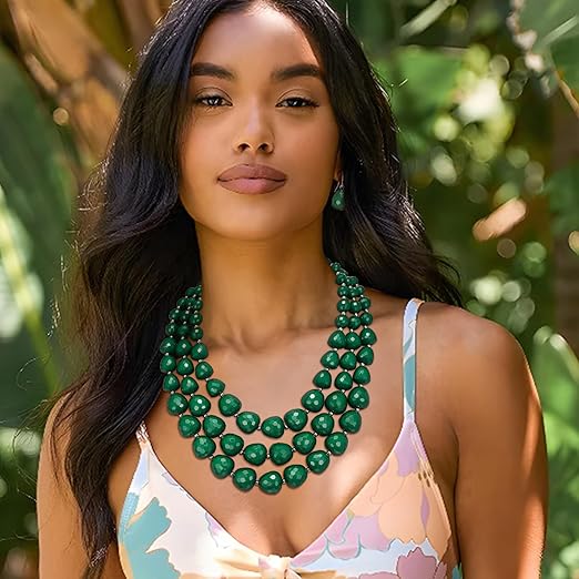 Ever Faith multi-strand beaded bib necklace and matching earrings set, chunky summer statement jewelry for women.