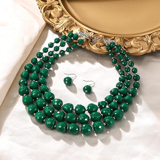 Ever Faith multi-strand beaded bib necklace and earrings set, chunky summer statement jewelry for women.