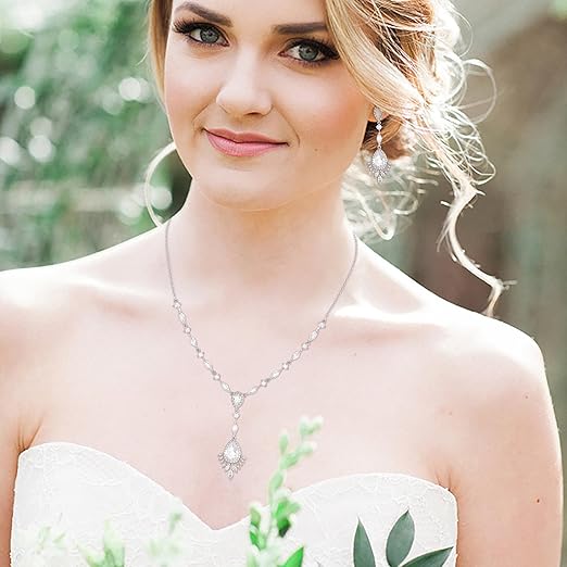 Ever Faith sparkling wedding jewellery set with teardrop cubic zirconia necklace and dangle earrings in silver tone.