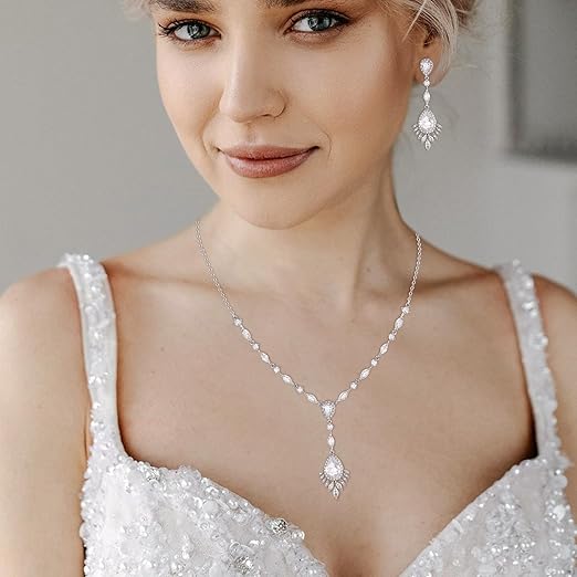 Ever Faith sparkling wedding jewellery set with teardrop cubic zirconia necklace and dangle earrings in silver tone for brides