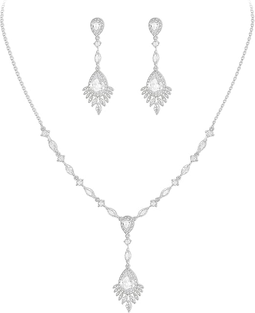 Ever Faith sparkling wedding jewellery set with teardrop cubic zirconia necklace and dangle earrings for women in silver tone