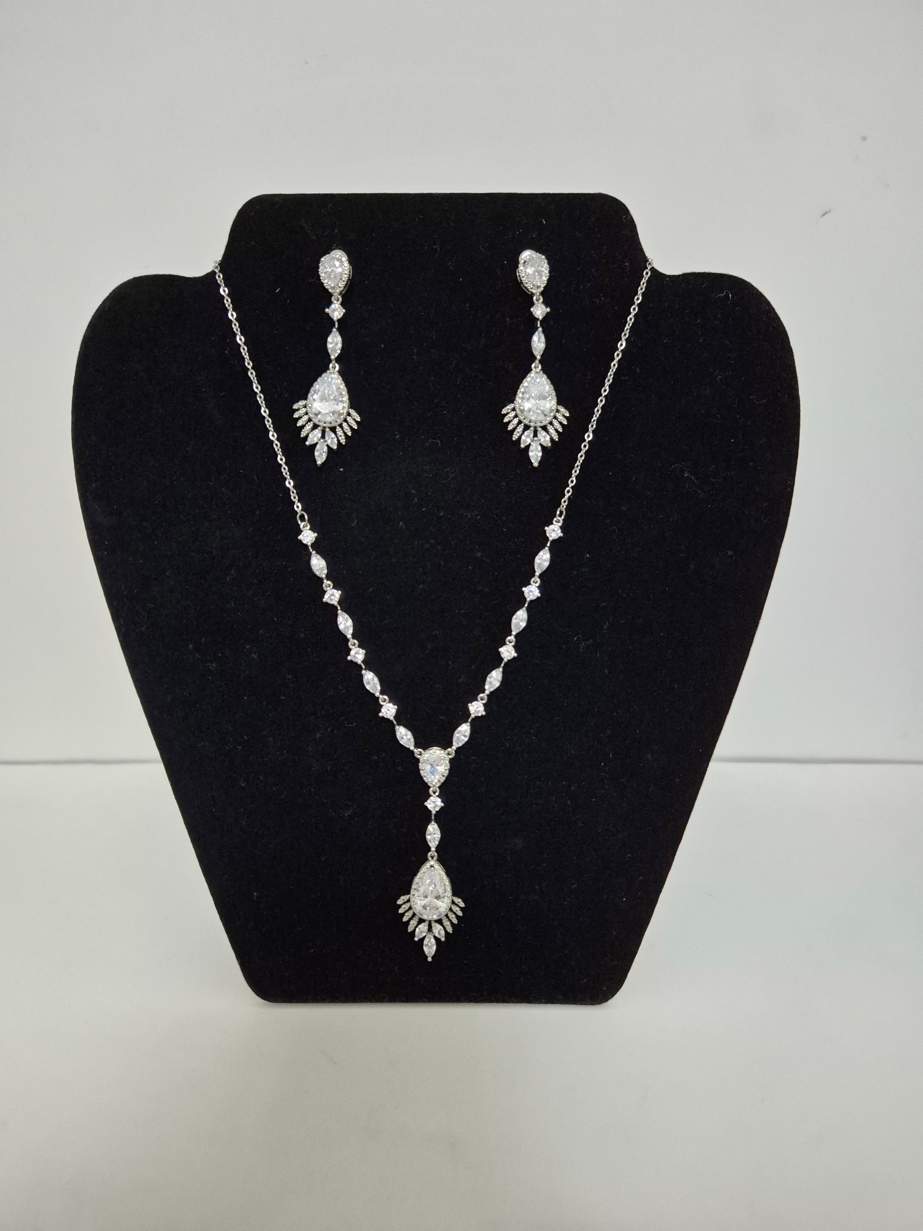 Ever Faith sparkling wedding jewellery set with teardrop cubic zirconia necklace and dangle earrings for women.