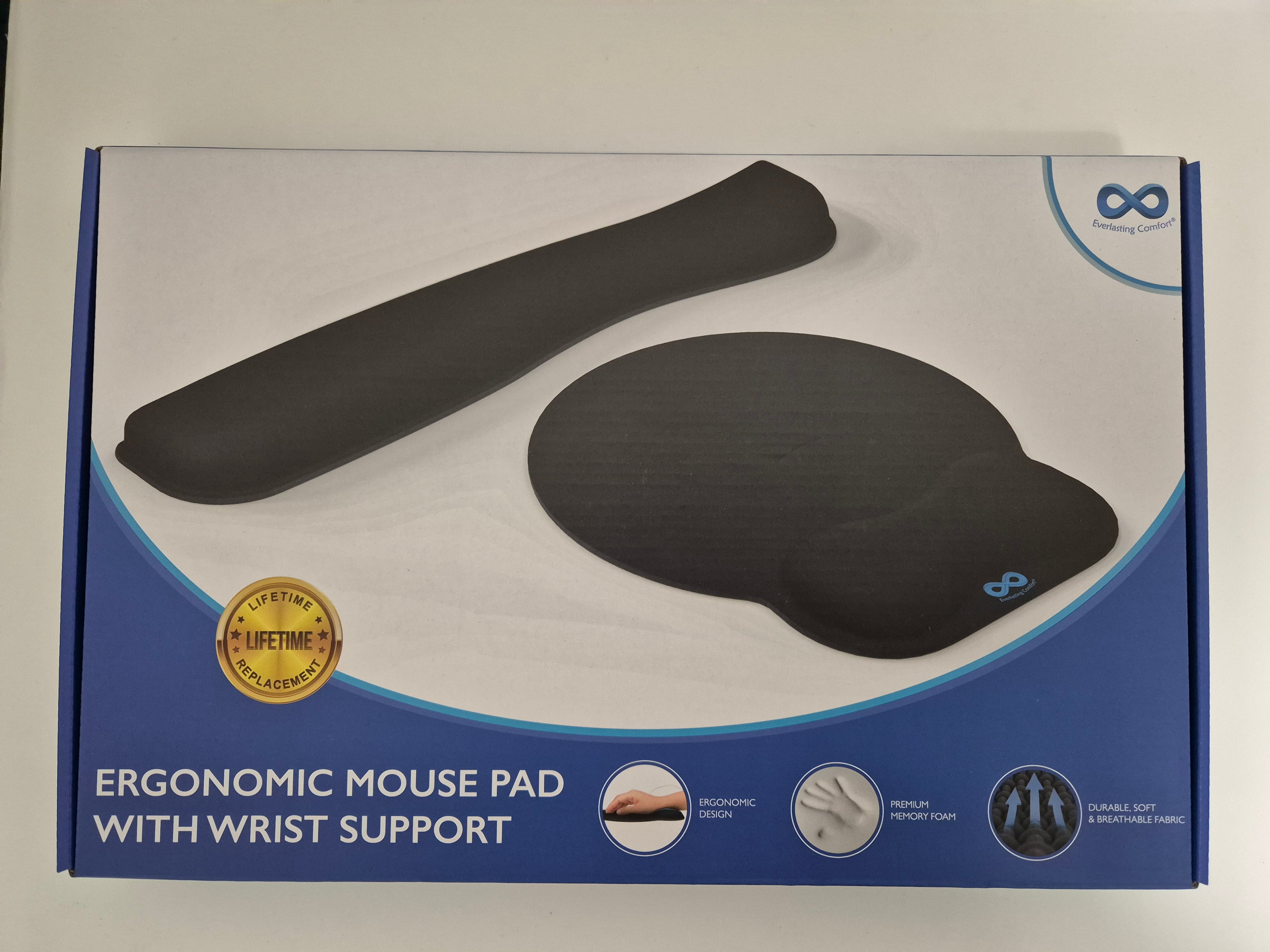 Everlasting Comfort ergonomic memory foam wrist rest and mouse pad set for office, gaming, and studying with carpal tunnel support.