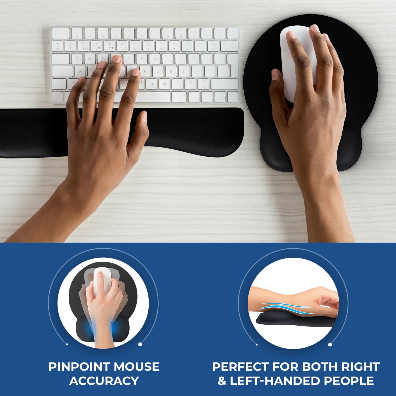 Everlasting Comfort ergonomic memory foam mouse pad and keyboard wrist rest set for carpal tunnel relief, office, gaming, and studying.