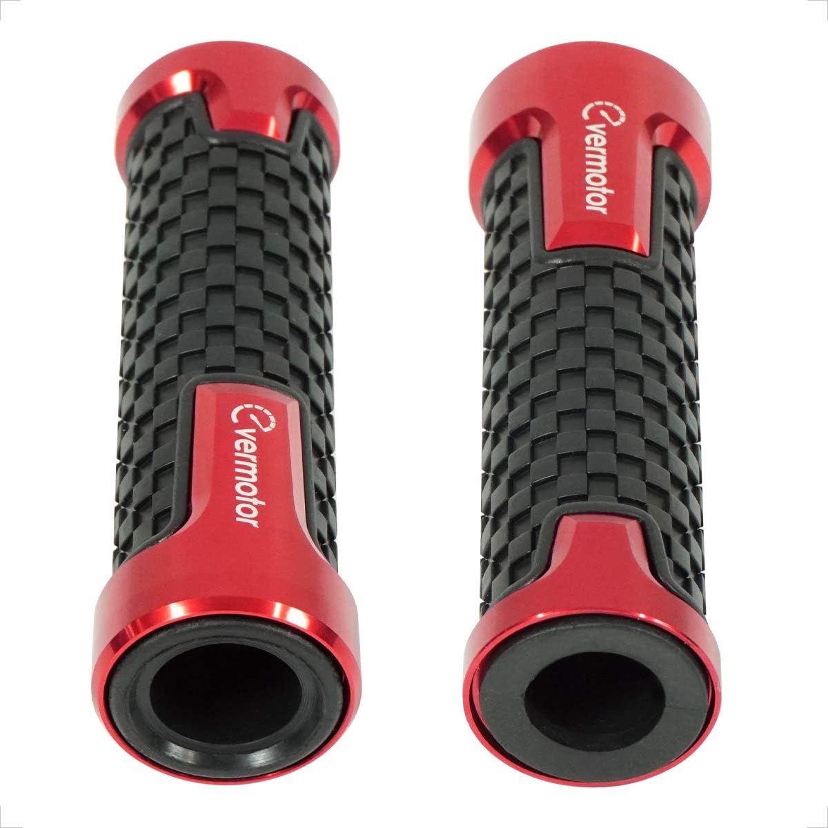Evermotor CNC anti-slip motorcycle handlebar grips in red, universal fit for Harley, Honda, Kawasaki, made of aluminum and rubber.