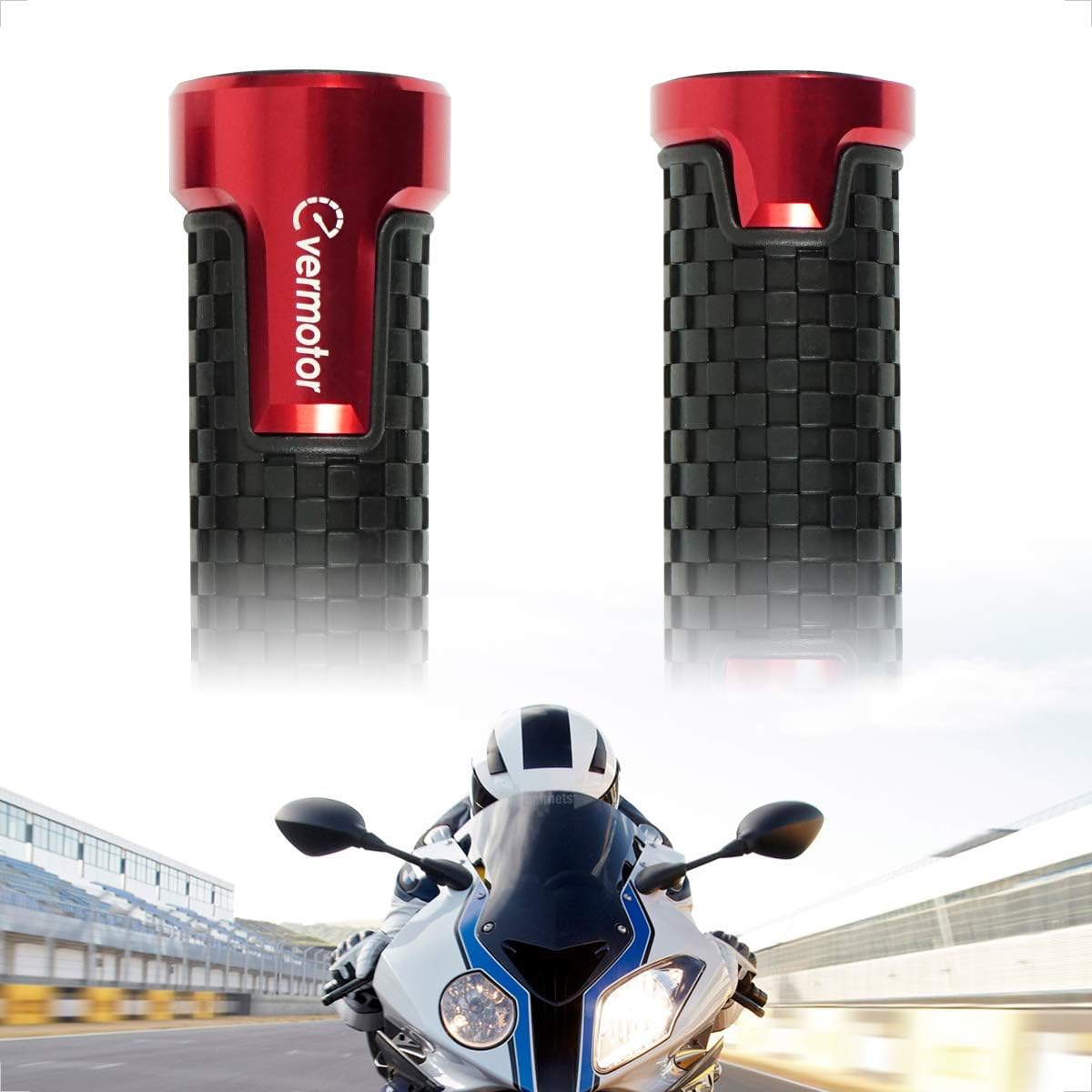 Evermotor CNC anti-slip motorcycle grips in red, 22mm and 24mm aluminum handlebar handles for Harley, Honda, Kawasaki, and more.