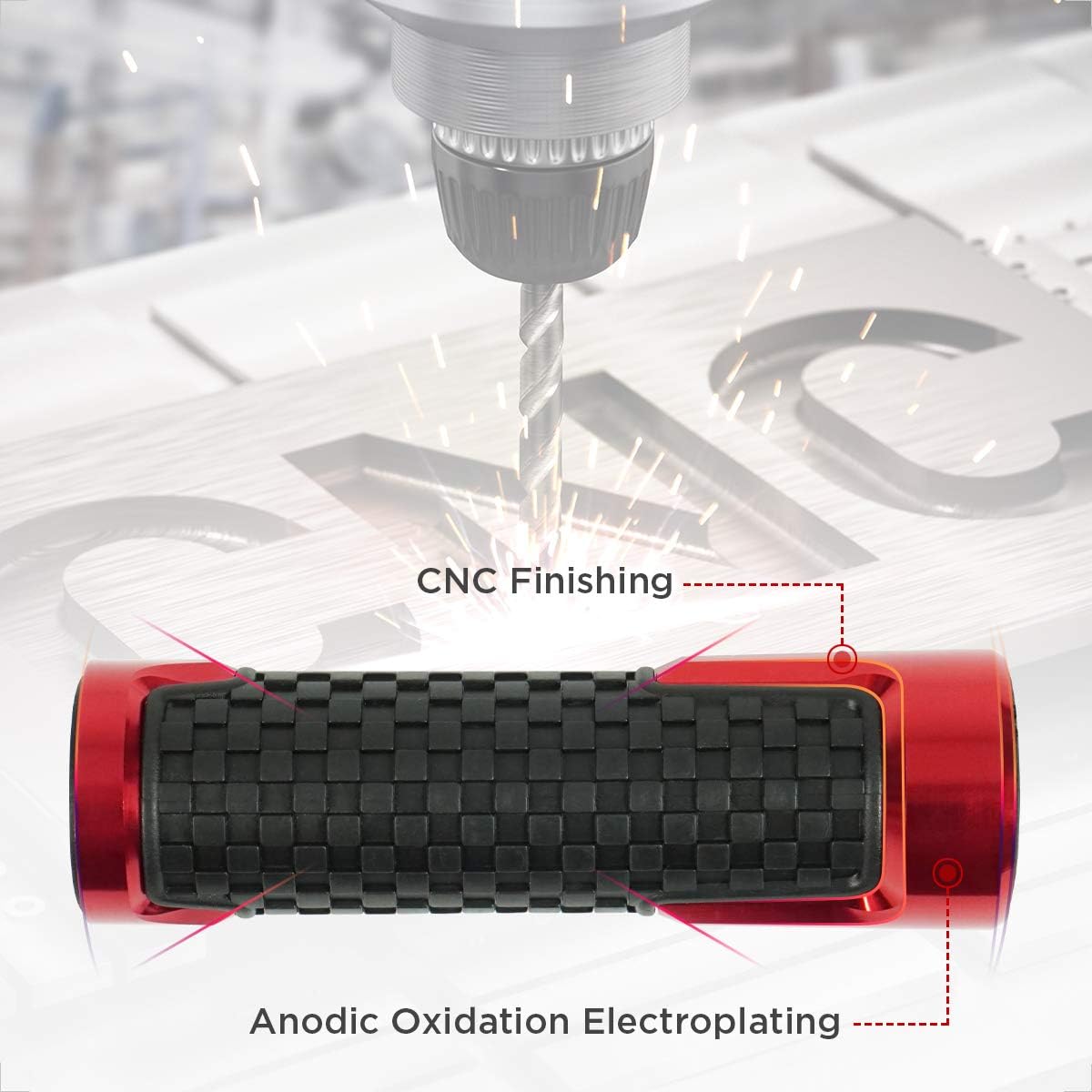 Evermotor CNC anti-slip motorcycle handlebar grips in red, 22mm and 24mm, designed for Harley, Honda, Kawasaki, and more.