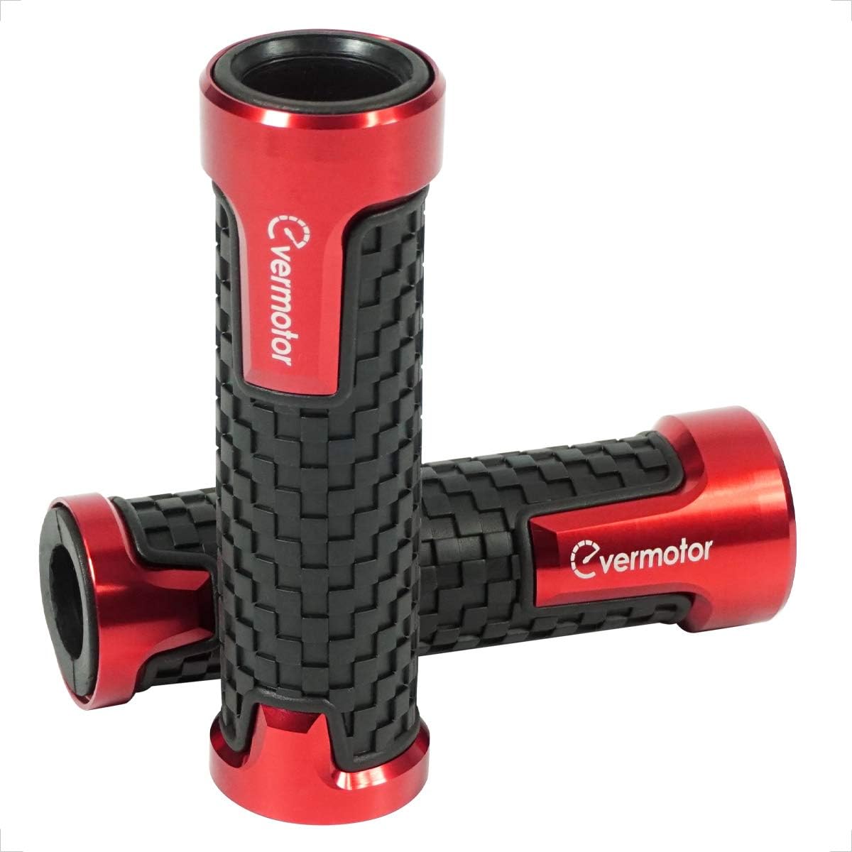 Evermotor CNC anti-slip motorcycle grips in red, with aluminum handles, designed for Harley, Honda, Kawasaki, and more.