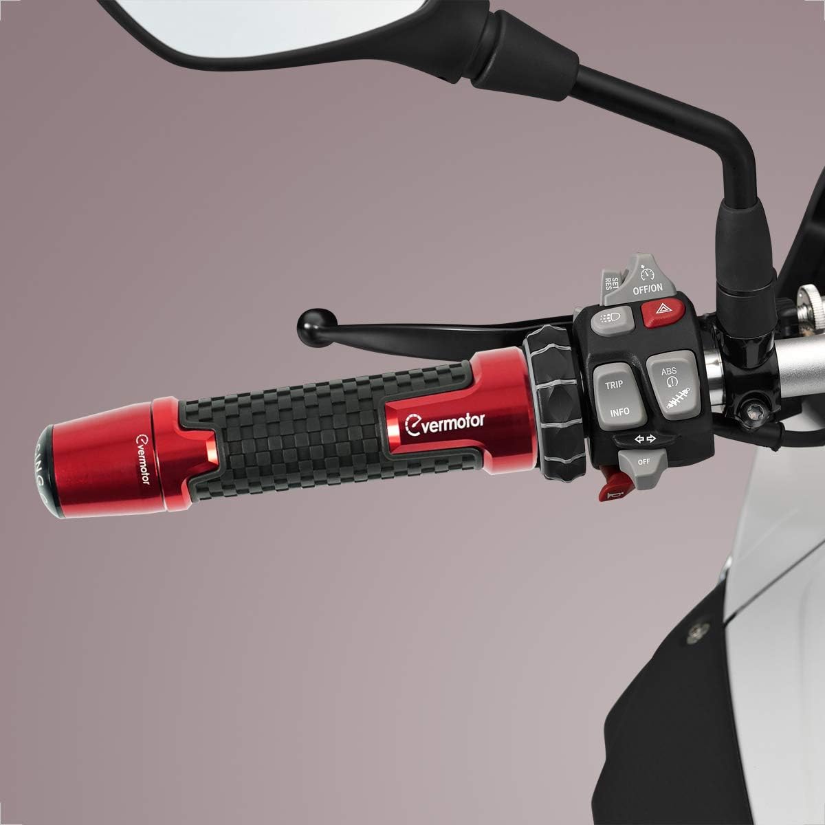 Evermotor CNC anti-slip motorcycle grips in red, with aluminum handles, designed for Harley, Honda, Kawasaki, and more.