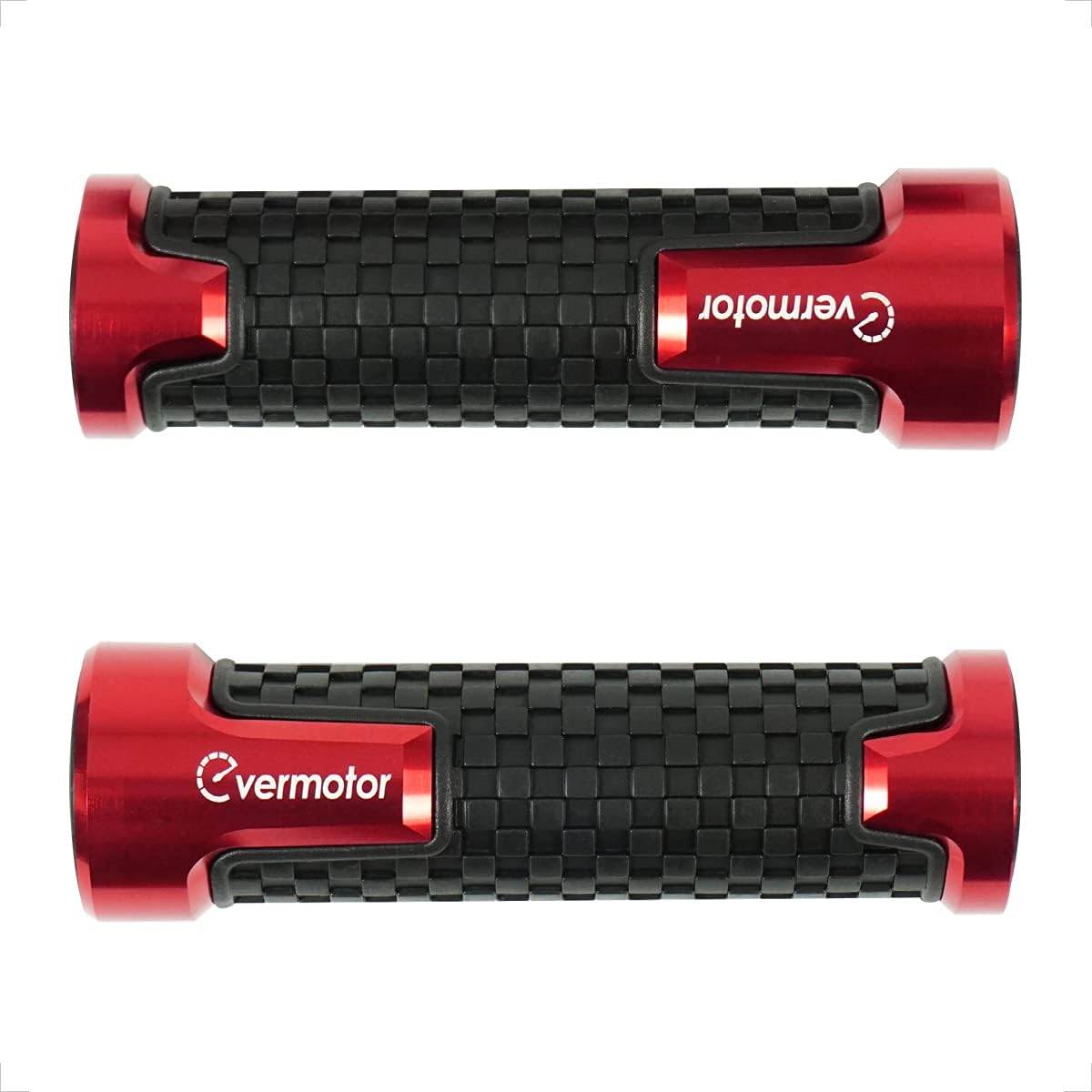 Evermotor limited edition CNC motorcycle grips in red with anti-slip aluminum handles, fitting Harley, Honda, Kawasaki, and more.