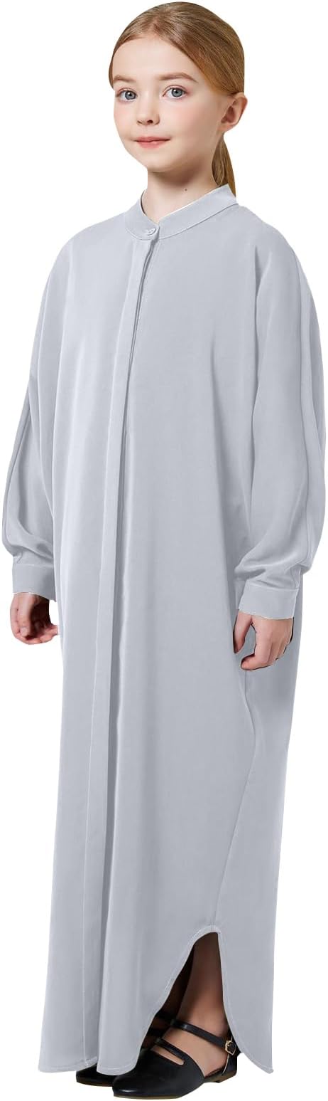 FYMNSI Girls Muslim Prayer Dress Abaya - Button Down Henley Kaftan Robe Long Sleeve Modest Islamic Outfit for Kids Ages 4-14 | Grey, Khaki, Purple