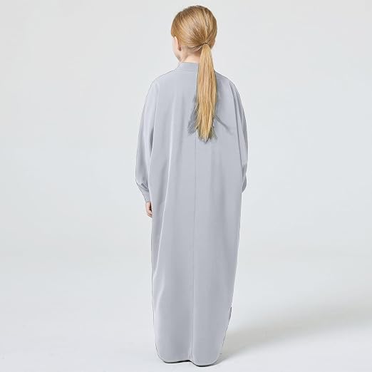 FYMNSI Girls Muslim Prayer Dress Abaya - Button Down Henley Kaftan Robe Long Sleeve Modest Islamic Outfit for Kids Ages 4-14 | Grey, Khaki, Purple