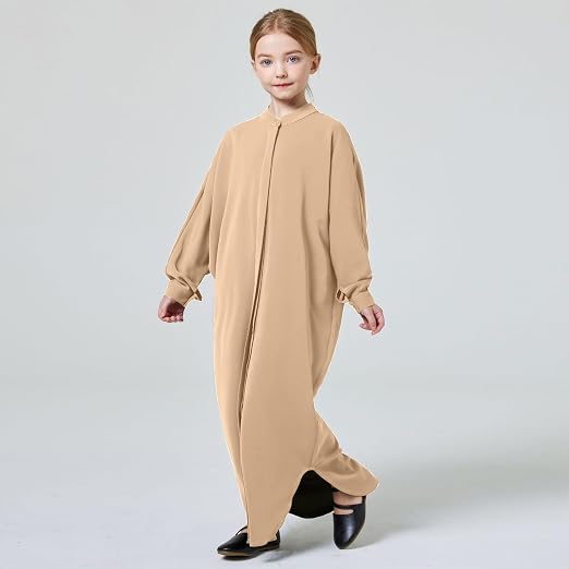 FYMNSI Girls Muslim Prayer Dress Abaya - Button Down Henley Kaftan Robe Long Sleeve Modest Islamic Outfit for Kids Ages 4-14 | Grey, Khaki, Purple