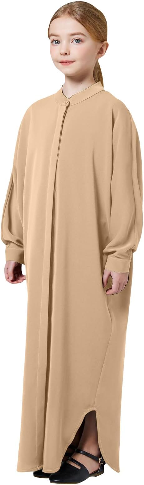 FYMNSI Girls Muslim Prayer Dress Abaya - Button Down Henley Kaftan Robe Long Sleeve Modest Islamic Outfit for Kids Ages 4-14 | Grey, Khaki, Purple