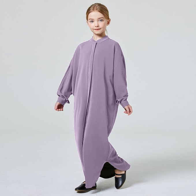 FYMNSI Girls Muslim Prayer Dress Abaya - Button Down Henley Kaftan Robe Long Sleeve Modest Islamic Outfit for Kids Ages 4-14 | Grey, Khaki, Purple