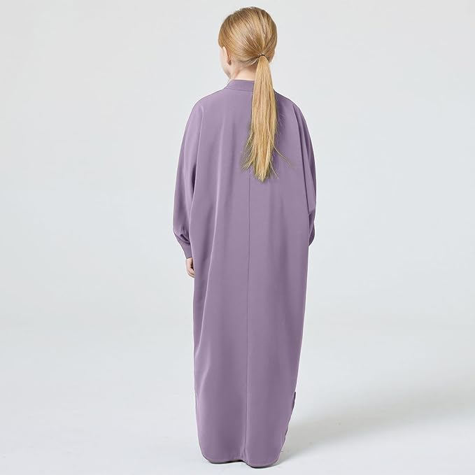 FYMNSI Girls Muslim Prayer Dress Abaya - Button Down Henley Kaftan Robe Long Sleeve Modest Islamic Outfit for Kids Ages 4-14 | Grey, Khaki, Purple