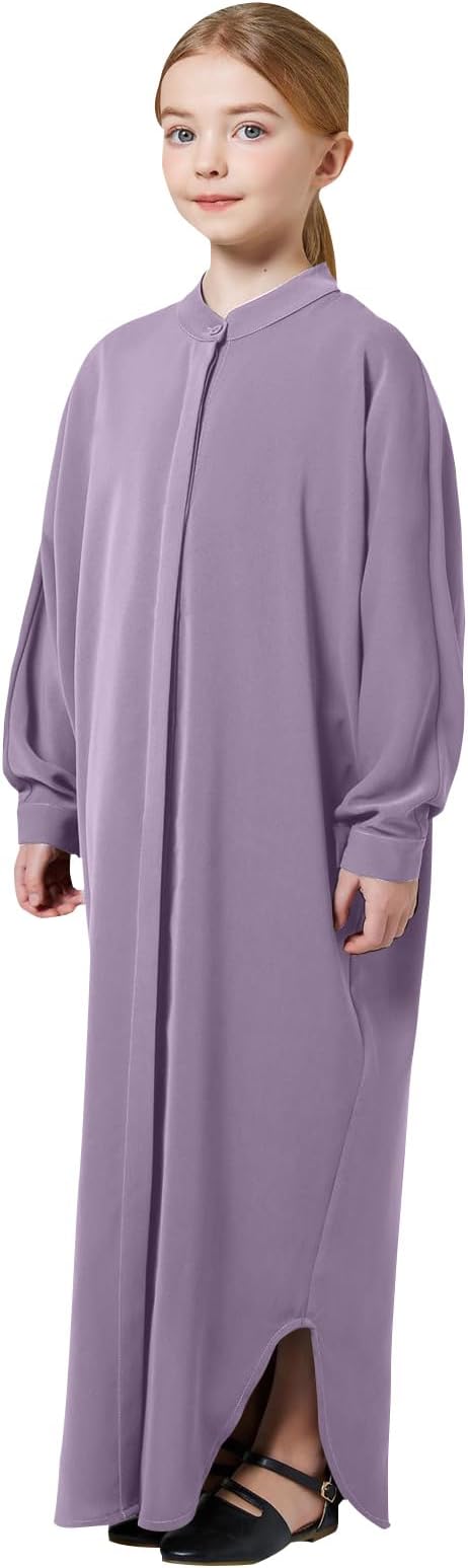 FYMNSI Girls Muslim Prayer Dress Abaya - Button Down Henley Kaftan Robe Long Sleeve Modest Islamic Outfit for Kids Ages 4-14 | Grey, Khaki, Purple
