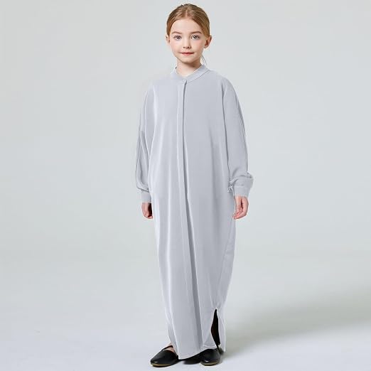 FYMNSI Girls Muslim Prayer Dress Abaya - Button Down Henley Kaftan Robe Long Sleeve Modest Islamic Outfit for Kids Ages 4-14 | Grey, Khaki, Purple